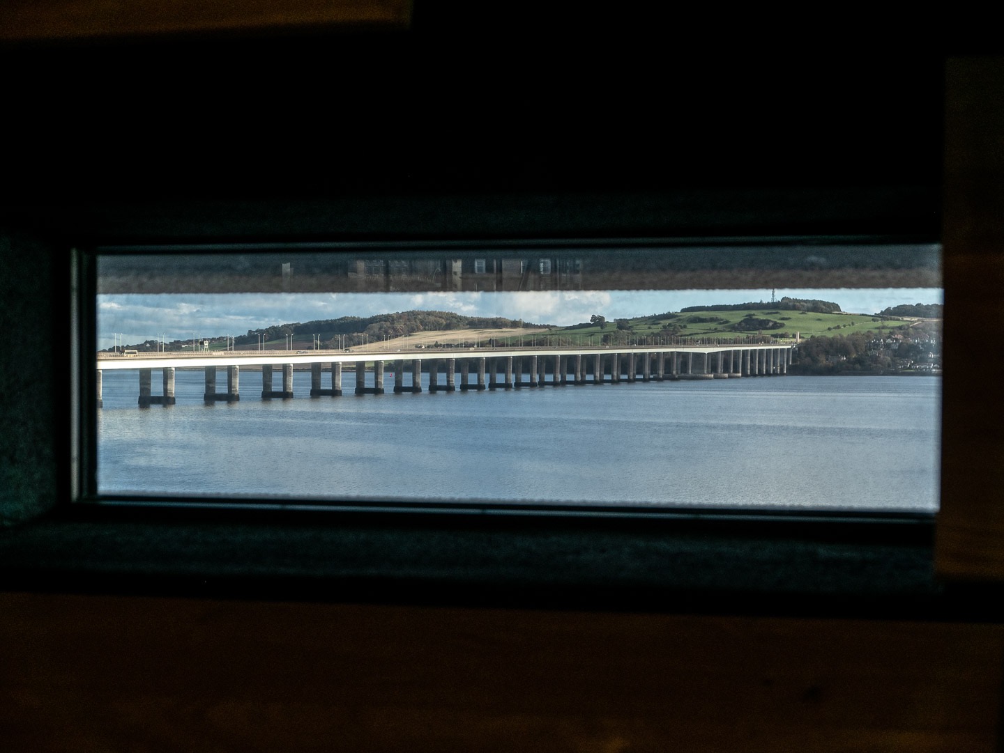 The Tay road bridge framed in a window