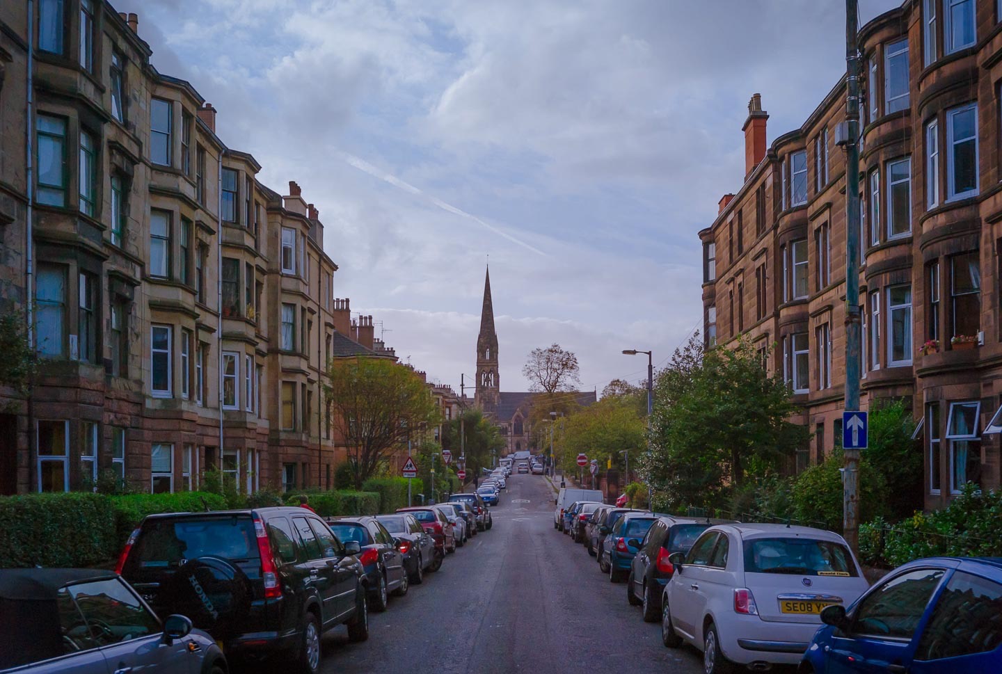 HAVELOCK STREET
a tenement street off Byres Road in the West End, looking towards the old church which houses the Cottiers Theatre